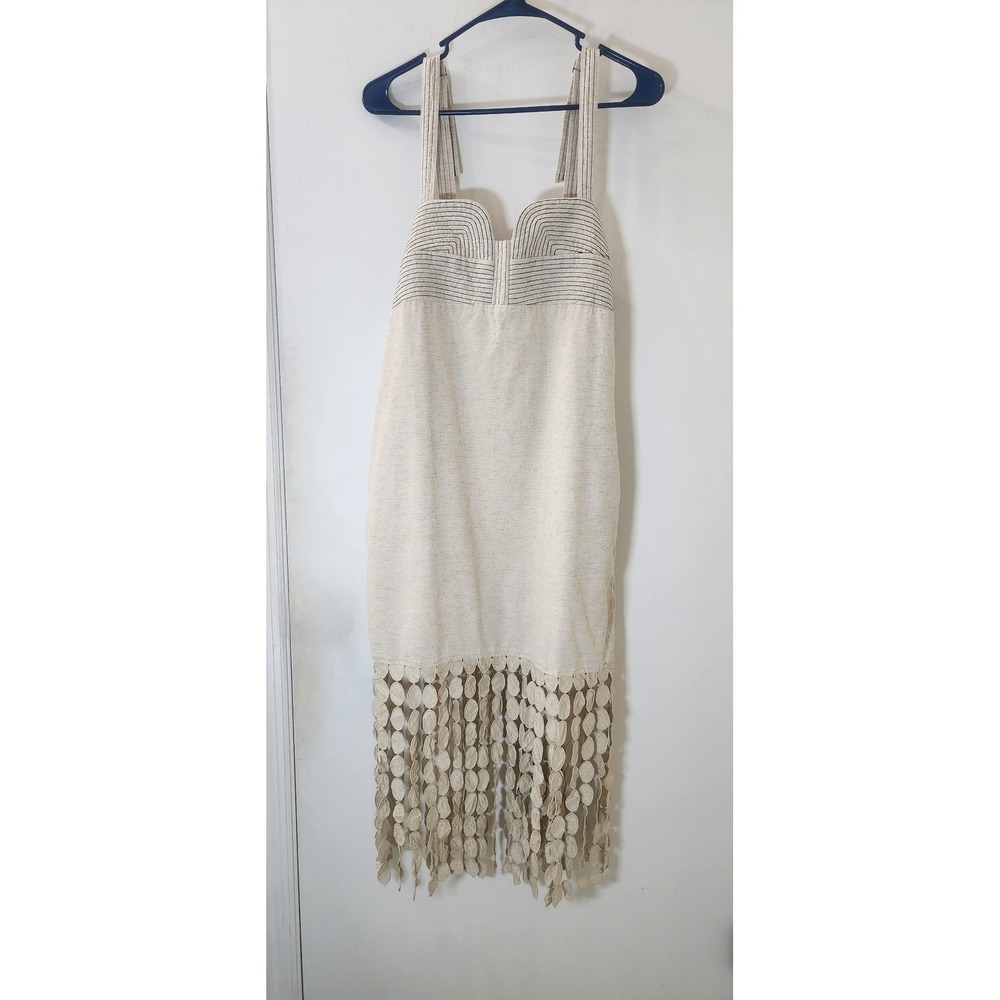 Strut & Bolt Beige Circle Fringe Hem Midi Dress Striped Straps Pockets Size M